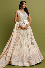 Cream Tissue Zari Woven Buta and Sequins Work Lehenga