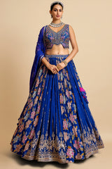 Blue Crepe Silk Floral Printed and Sequin Worked Flared Lehenga