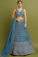 Carolina Blue Chinon Georgette Sequin and Zari Embroidered Flared Lehenga