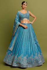 Cerulean Blue Ombre Tissue Zari Weaving Butti Flared Lehenga with Embroidery and Sequin Border