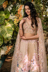 Pink Raw Silk Floral and Peacock Motifs Embroidered Lehenga