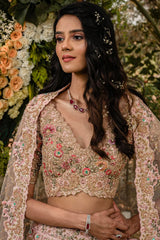 Pink Raw Silk Floral and Peacock Motifs Embroidered Lehenga
