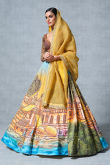 Orange and Yellow Banarasi Silk Hand Paint Ghat Inspired Lehenga