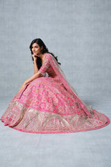 Pink Raw Silk Traditional Lehenga with Sidi Saiyyed Jali Inspired Border