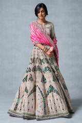 Ivory Beige Tissue Sheesh Mahal Inspired Lehenga with Leheriya Dupatta