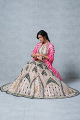 Ivory Beige Tissue Sheesh Mahal Inspired Lehenga with Leheriya Dupatta