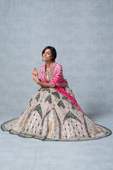 Ivory Beige Tissue Sheesh Mahal Inspired Lehenga with Leheriya Dupatta