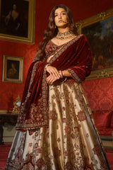 Golden Heavy Worked Lehenga in Banarasi Silk with Velvet Patch Work