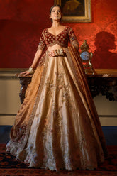 Golden Designer Lehenga in Banarasi Silk with Embroidered Floral and Bird Motifs