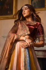 Banarasi Silk Woven Multi Colored Lehenga with Velvet Patch Work On Border
