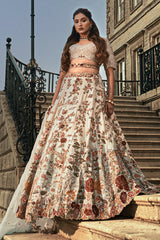 Off White and Sky Blue Heavy Work Bridal Lehenga in Raw Silk with Floral and Bird Motifs