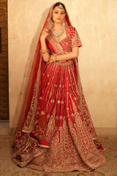 Red Raw Silk Designer Zardosi and Cutdana Worked Bridal Lehenga
