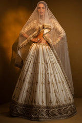 Cream Raw Silk Sequin Embroidered Designer Bridal Lehenga with Plunging Sweet Heart Neckline Blouse
