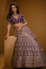 Purple Raw Silk Scallop Jaal Designer Handworked Lehenga with V Neck Blouse