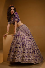 Purple Raw Silk Scallop Jaal Designer Handworked Lehenga with V Neck Blouse