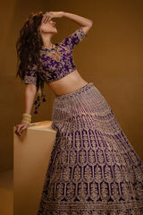 Purple Raw Silk Scallop Jaal Designer Handworked Lehenga with V Neck Blouse