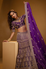 Purple Raw Silk Scallop Jaal Designer Handworked Lehenga with V Neck Blouse