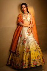 Yellow Ombre Raw Silk Designer Floral Motifs and Mirror Worked Lehenga with Deep V Neckline Blouse