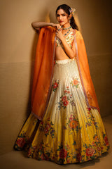 Yellow Ombre Raw Silk Designer Floral Motifs and Mirror Worked Lehenga with Deep V Neckline Blouse