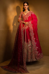 Pink Raw Silk Heavy Designer Bridal Lehenga with Double Dupatta and Deep V Neckline Blouse