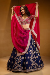 Indigo Blue Raw Silk Heavy Designer Handworked Lehenga with Curved Sweet-Heart Neck Blouse