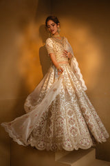 Cream Raw Silk Heavy Designer Bridal Lehenga with Scallop V Neckline and Double Dupatta