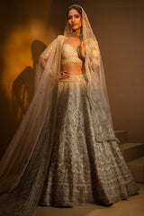Cream Raw Silk Designer Heavy Bridal Lehenga with Sweet Heart Neck Blouse and Double Dupatta
