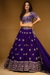 Violet Purple Raw Silk Heavy Designer Handworked Border Lehenga