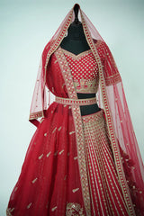 Red Raw Silk Designer Heavy Bridal Lehenga