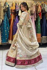 Cream Tissue Desginer Floral Patch Lehenga with Patola Border