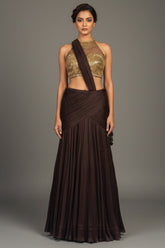 Brown Pleated Fish-Cut Lehenga with Gold Sequin Choli