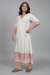 Off White and Pink Linen Embroidered Angrakha Style Kurti