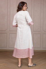 Off White and Pink Linen Embroidered Angrakha Style Kurti