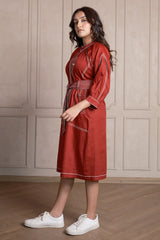 Rust Orange Linen Round Color Dress