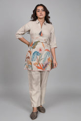 Oyster Beige Linen Floral Digital Printed Co-Ord Set