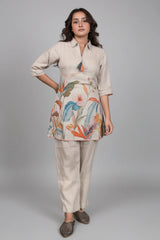 Oyster Beige Linen Floral Digital Printed Co-Ord Set