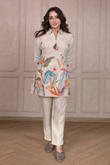 Oyster Beige Linen Floral Digital Printed Co-Ord Set