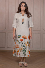 Oyster Beige Linen Floral Printed Dress