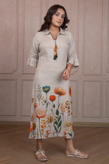 Oyster Beige Linen Floral Printed Dress