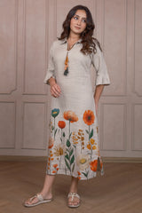 Oyster Beige Linen Floral Printed Dress