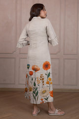 Oyster Beige Linen Floral Printed Dress