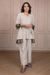 Oyster Beige Linen Co-Ord Set with Lotus Embroidery On Sleeves