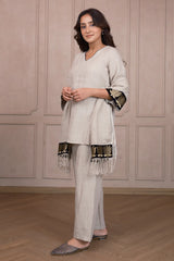 Oyster Beige Linen Co-Ord Set with Lotus Embroidery On Sleeves