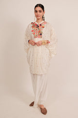 Pearl White Silk Intricate Thread Embroidery Kaftan Style Top