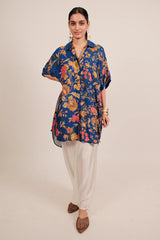 Blue Silk Floral Printed High and Low Top with Pocket