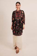 Black Silk Floral Digital Print Kaftan Style Top