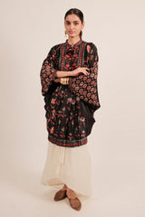Black Silk Floral Digital Print Kaftan Style Top