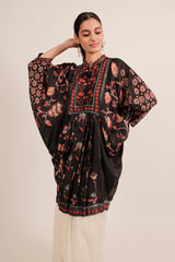 Black Silk Floral Digital Print Kaftan Style Top