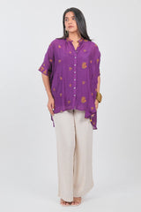 Purple Crepe Silk Floral Embroidered High and Low Tunic Top