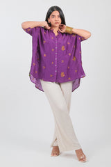 Purple Crepe Silk Floral Embroidered High and Low Tunic Top